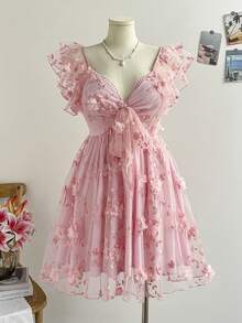 Soleia Gaun A-Line Ukuran Plus untuk Liburan Musim Semi/Panas, Warna Pink, Bordir Jala, Lengan Bergelombang, Lengan Pendek, Leher Bentuk Hati, Ikatan Pita di Depan - Berwarna merah muda - View 6