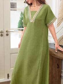 Al Najma Vestido elegante y fresco de unicolor con cuello en V, encaje bordado, 2 en 1, holgado y estilizante, con vuelo, para mujer - Verde - Ver 6