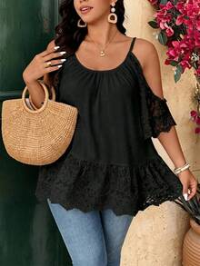 Breezaya Plus Size Faux Linen Textured Fabric Scoop Neck Off-Shoulder Strap Short Sleeve Lace Decor Chest Loose A-Line Hem Shirt Casual Elegant Formal Vacation - Black - View 6
