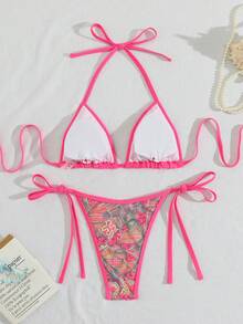 Costavie Swim Vcay 2件組 春夏度假亮片紋理面料掛脖三角比基尼上衣與側綁比基尼泳褲 性感女款泳裝套裝 - 玫紅色 - 查看 2