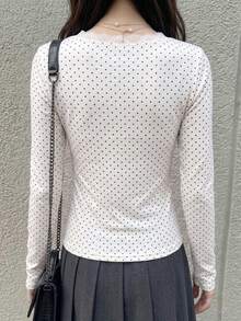 Dazy Tall 女款高個長袖圓點蕾絲拼接休閒T恤，適合高個女孩 - 黑與白 - 查看 4