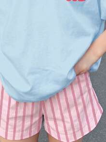 少女復古甜美可愛香蕉、粉色與白色拼色運動條紋印花圖案，少女休閒極簡短袖短褲兩件套 - 白色 - 查看 5