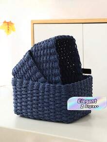 1PC( M/L) Handmade Woven Storage Baskets, Paper Rope Material Organizer Baskets For Living Room, Bedroom, Cabinet, Office, Home Decor, Farmhouse Decor, Holiday Gift Storage, Reusable Storage Bins For Stationery, Clothes, Toys, Cosmetics - Blue - View 2