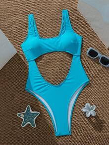 Swim SXY 女款一件式鏤空純色泳衣 夏季海灘適用 - 天藍色 - 查看 4
