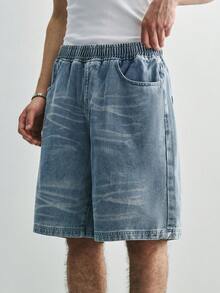 Sonviro Men's Light Blue Casual Elastic Waist Wide Leg Denim Shorts - Light Wash - View 4