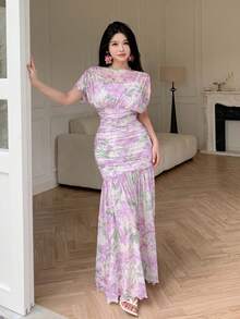 Modelyn 粉色薄紗花卉印花夏季百褶優雅高雅時尚女款長洋裝，適合外出與晚宴派對 - 紫色 - 查看 6