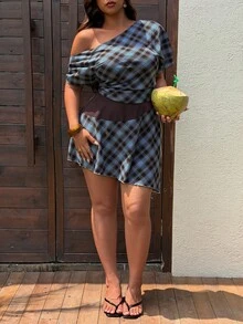 Sunnyshic Plus Size Spring/Summer Asymmetrical Shoulder Plaid Waist Knot Solid Color Patchwork Dress Beach Vacation Baby Blue Sexy 1960s 90s - Multicolor - View 5