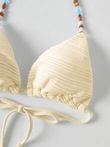 Opulessa Set Bikini Wanita Bertekstur dengan Hiasan Manik-Manik, Atasan Tank Top Model Halter dan Bawahan Bikini Segitiga - Aprikot - View 8