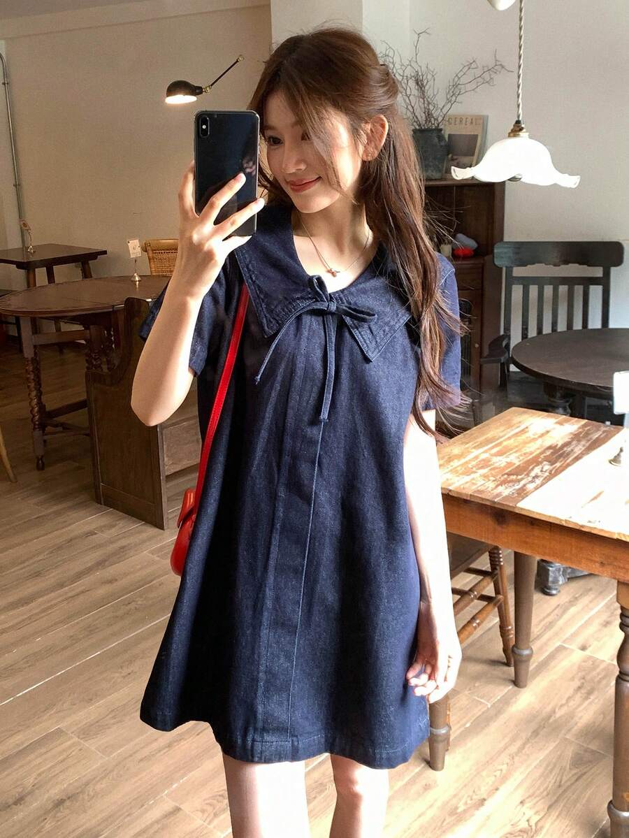 DAZY 女款翻領蝴蝶結休閒韓風水洗牛仔洋裝 - 藍色 - 查看 1