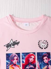 SHEIN 青少年女孩圓領修身短袖卡通印花T恤搭配字母印花吊帶褲2件套 夏季休閒酷感卡通套裝 - 藍色 - 查看 5