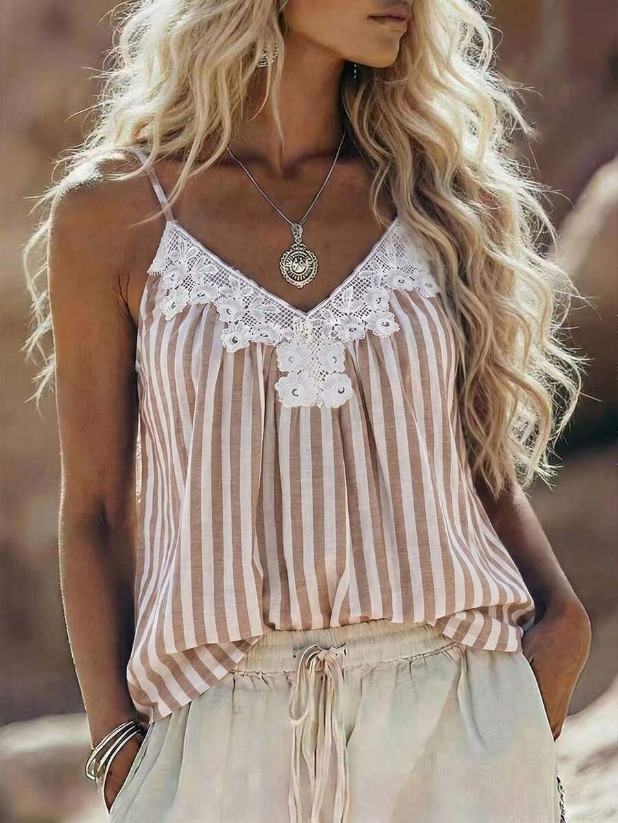 EMERY ROSE Women's Woven Casual Striped Summer Beach-Style Halter Top - Khaki - View 1