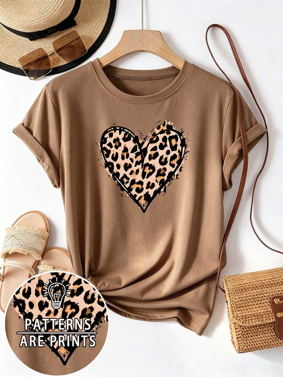 NostaNoir Leopard Heart Print Crew Neck Short Sleeve T-Shirt, Versatile Women's Top For Spring And Summer - Brown - View 1