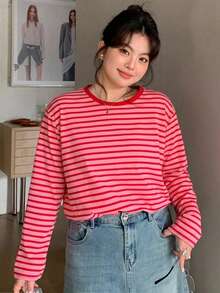 Dazy Plus Camiseta de manga corta holgada con cuello redondo, diseño de bloques de color, patchwork y rayas, rosa, primavera-verano - Rojo - Ver 1