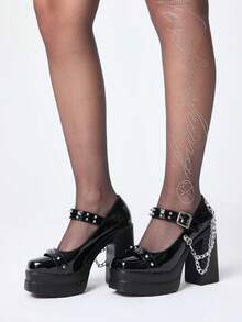 ROMWE Grunge Punk Women's Fashion Sexy Platform High Heels Shoes Punk Gothic Street Style Word With Rivet Inlay With Bimetal Chain Decorative Design Festival - Black - View 4