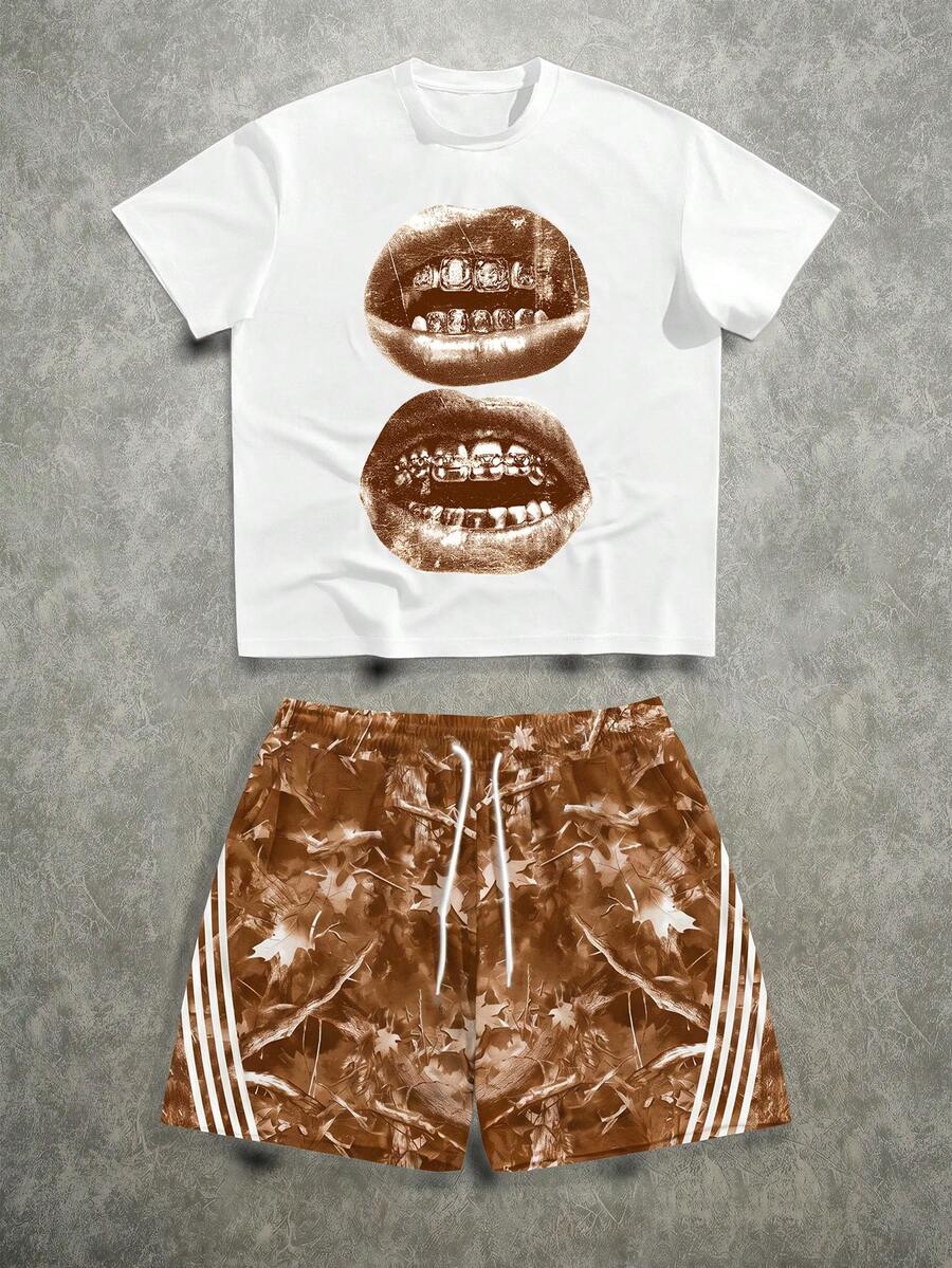 Manfinity ZONE917 Men's Lip Print Crew Neck Short Sleeve T-Shirt And Shorts Casual Daily Set - Multicolor - View 1
