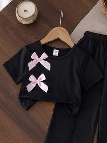 SHEIN Genkimix Kids 少女新款時尚淺灰色短袖T恤 + 寬腿長褲 3D黑色蝴蝶結裝飾 2件組，適合日常休閒運動，夏季 - 黑色 - 查看 7