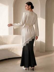 Graceveil Elegant Lace Patchwork Asymmetric Long Sleeve Top, Apricot, Suitable For Women, Spring/Summer Clothing - Apricot - View 3