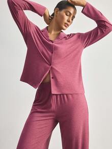 Ocili Soft Floral Print Pajama Set With Collar, Long Sleeve Top And Pants For Women - Red Violet - View 4
