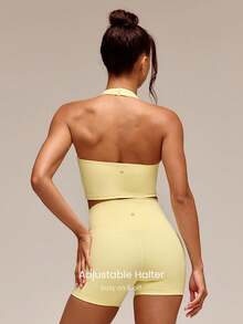 GLOWMODE 2 Pieces FeatherFit™-Sculpt Super Set Adjustable Halter Sports Tank Top & 4.3" Y-Shaped Butt Crossover Waist Active Shorts Set Medium Impact Workout Jogging Gym Training - French Vanilla - View 4