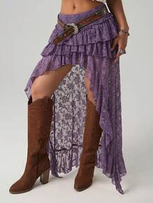 SHEIN ICON Ultra Low Waist Lace Tiered High-Low Skirt - Purple - View 1