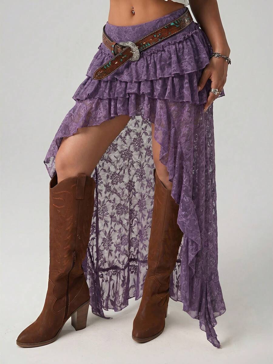 SHEIN ICON Ultra Low Waist Lace Tiered High-Low Skirt - Purple - View 1