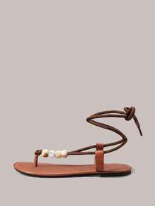 Styleloop Sandal Datar Wanita, Gaya Bohemian, Liburan Pantai, Gaya Barat, Pakaian Musim Panas, Perlengkapan Perjalanan - Coklat + manik-manik - View 5