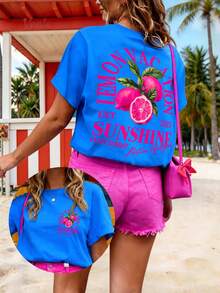 DrmWander Women's T-Shirt, Women's T-Shirt Streetwear Tropical Top, Street Style, Graphic Short Sleeve T-Shirt, Cute Summer Top Vacation Yellow - Blue - View 1