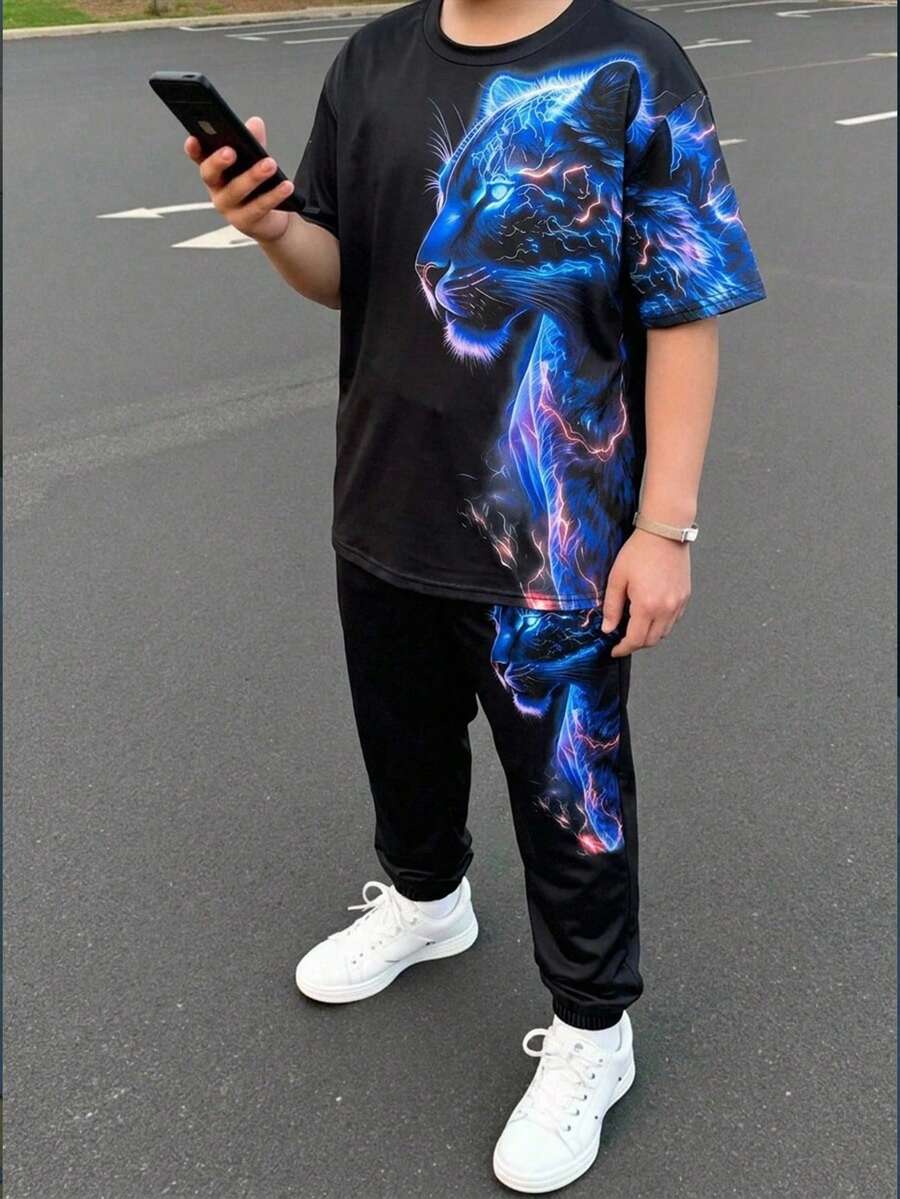 SHEIN 兒童 2件/套 青少年男童休閒視覺螢光動物圖案短袖圓領套裝,適合夏季男童 2件套 青少年男童短套裝 男童夏季套裝 男童圖案T恤與短褲套裝 男童服裝套裝 適合春/夏,日常穿著、運動、外出、學校、派對、節日、拍照 - 黑色 - 查看 1