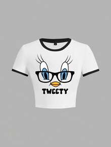 LOONEY TUNES X SHEIN 女士夏季卡通图案短款 T 恤 - 白色 - 查看 6