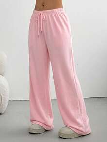 SHEIN Tall CURVE 大尺碼女款純色抽繩腰休閒軟牛仔日常運動褲居家輕便褲 夏季健身工作淺粉色 - 粉色 - 查看 4