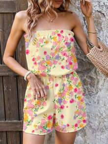 SHEIN Swim 女款夏季新款泳裝海灘度假優雅簡約休閒淡黃色花卉數位印花彈性腰帶式抹胸連身罩衫，女款優雅連身泳裝，女款復活節連身泳裝，女款感恩節連身泳裝，女款花卉連身泳裝，女款淡黃色連身泳裝 - 淡黃色 - 查看 7