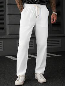SLATEMANN Men's Solid Color Drawstring Waist Casual Versatile Daily Travel Long Pants - White - View 5