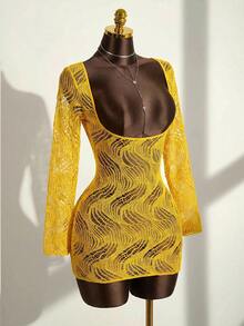 Zestiva 26SS Women's Sexy Fitted Hollow Design Ultra Low Cut Scoop Neck Cover Up Club Night Butter Yellow Summer - Yellow - View 4