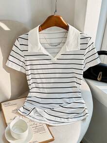Franclia Women's Summer Casual Striped Short Sleeve T-Shirt - Black and White - View 3