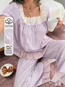 DAZY Conjunto de pijama de mujer de 2 piezas con volantes dulces, encaje bordado, patchwork y mangas de pétalo para verano - Morado - Ver 4