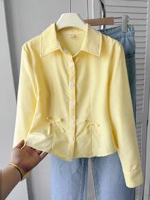 SHEIN Tween Girl Elegant Spring/Summer Woven Bow Decor Striped Shirt, Can Be Worn As Inner Layer Or Outer Layer - Yellow - View 6
