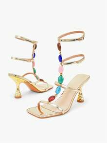 Glitzique Sexy & Fashionable Gold Color High Heel Square-Toe Sandals Jewel-Decorated Roman Sandals With Kitten Heels,Spring Summer Outfits - Gold - View 10