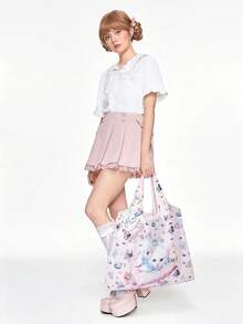 ROMWE Kawaii 時尚滿版愛心與音符圖案大容量可折疊托特包附零錢包，便攜購物袋 - 粉色 - 查看 4