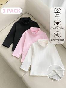 SHEIN 女嬰純色時尚百搭高領長袖上衣3件組 - 彩色 - 查看 3