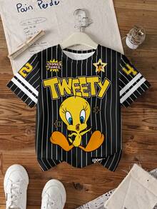 LOONEY TUNES X SHEIN Tween Girls' Casual Versatile Striped Patchwork Round Neck Short Sleeve T-Shirt - White - View 3