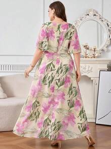 Reflora Plus Size Women's Floral Print Square Neck Ruffle Short Sleeve Elegant Dress - Multicolor - View 3