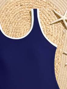 SHEIN Traje de baño de una pieza con doble tirante azul marino, lindo, casual y modesto para niña preadolescente, estilo elegante y sofisticado de dama, adecuado para vacaciones de verano, playa, y piscina - Azul Marino - Ver 4