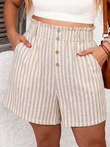 Comfylo Pantalones cortos casuales versátiles de uso diario con diseño de rayas y patchwork para mujer talla grande - Albaricoque - Ver 4