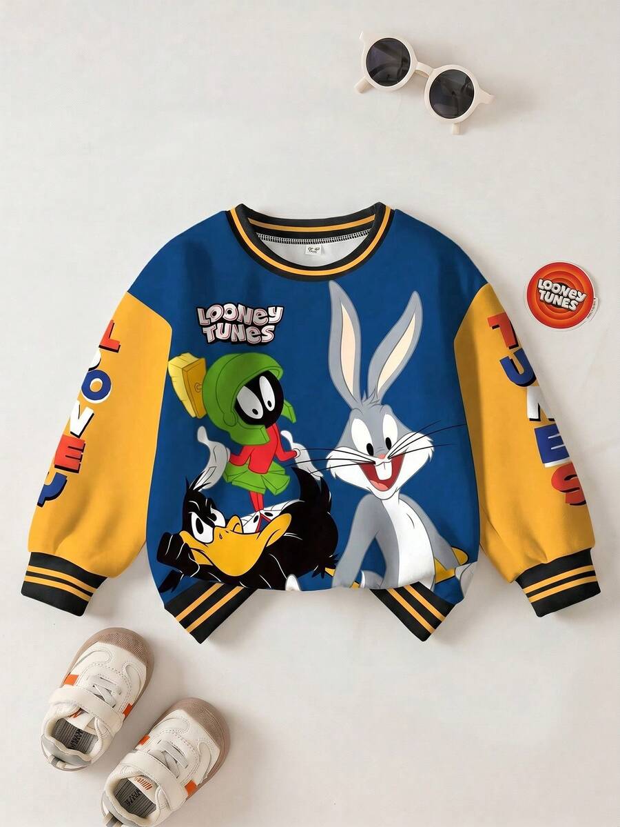LOONEY TUNES X SHEIN 男婴休闲撞色字母卡通图案圆领卫衣,秋季 - 白色 - 查看 1