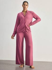 Ocili Soft Floral Print Pajama Set With Collar, Long Sleeve Top And Pants For Women - Red Violet - View 3