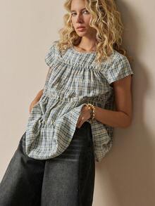 Freevana Women's Plaid Round Neck Cap Sleeve Frill Trim Casual Blouse Picnic Blue Plaid Plaid Summer Back-To-School Picnic Brunch - Multicolor - View 4