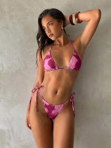 Aloruh Women's Summer New Bikini Set, Light Pink Tie Dye Print Pattern, Tropical Party Beach Vacation Music Festival Iridescent Swimsuit, Beachwear - Hot Pink - View 3