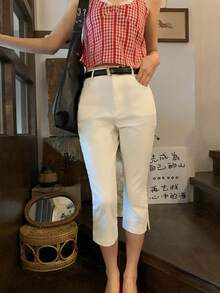 DAZY 女款韓式休閒百搭清新春夏四季長褲，適合嬌小女性 - 白色 - 查看 4