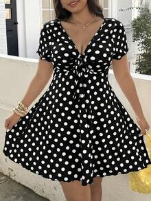 SHEIN EZwear 女款大尺碼甜美法式圓點印花百褶繫帶洋裝 - 黑色 - 查看 8