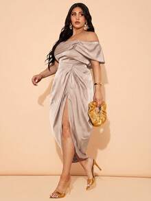 SHEIN BAE 大尺碼女款優雅垂墜中長洋裝，適合婚禮、伴娘、雞尾酒會及正式場合 - 香檳色 - 查看 5